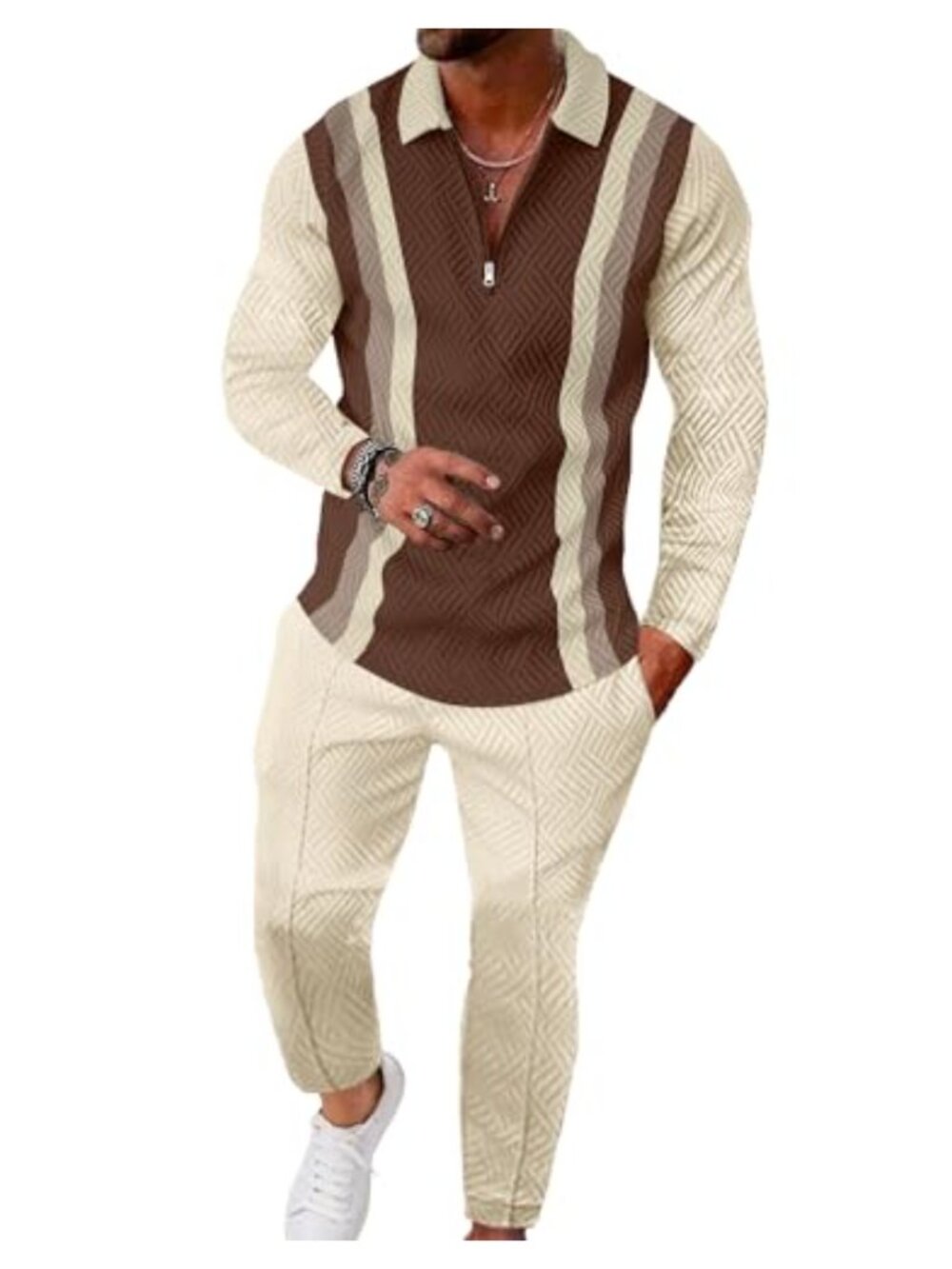 Men's 2 Piece Track Suit Set Quarter Zip Polo Long Sleeve Athletic Sweatsuit
